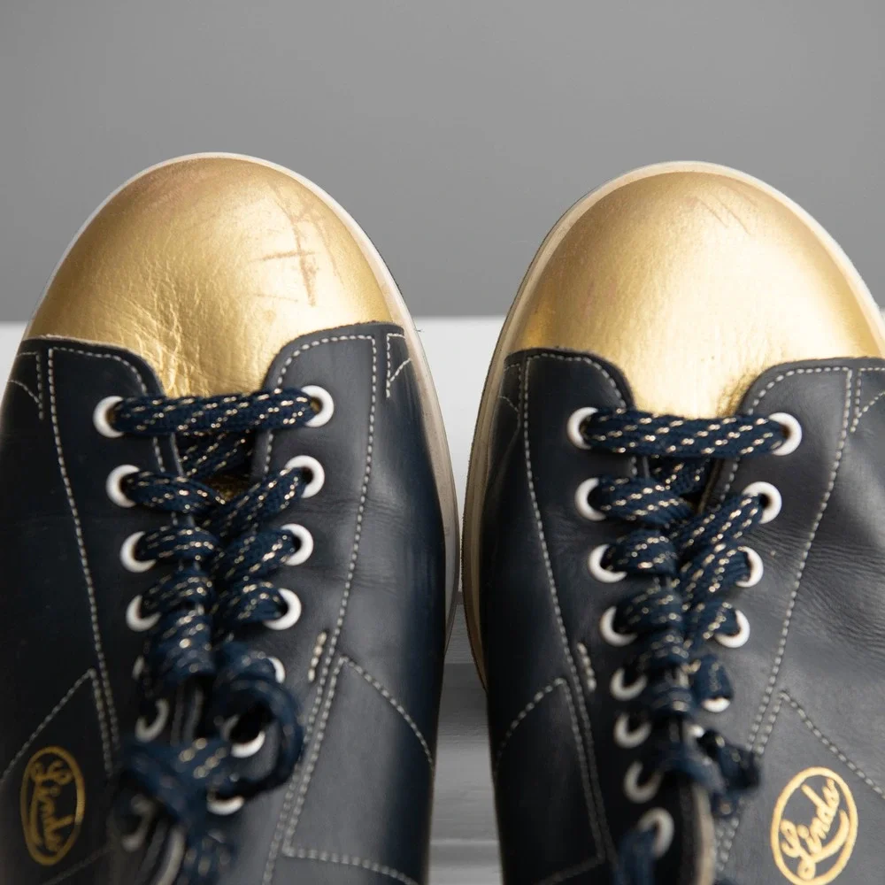 Linds Vintage Bowling Shoes Mens 10.5 Navy Blue Gold Metallic Leather Retro 50s